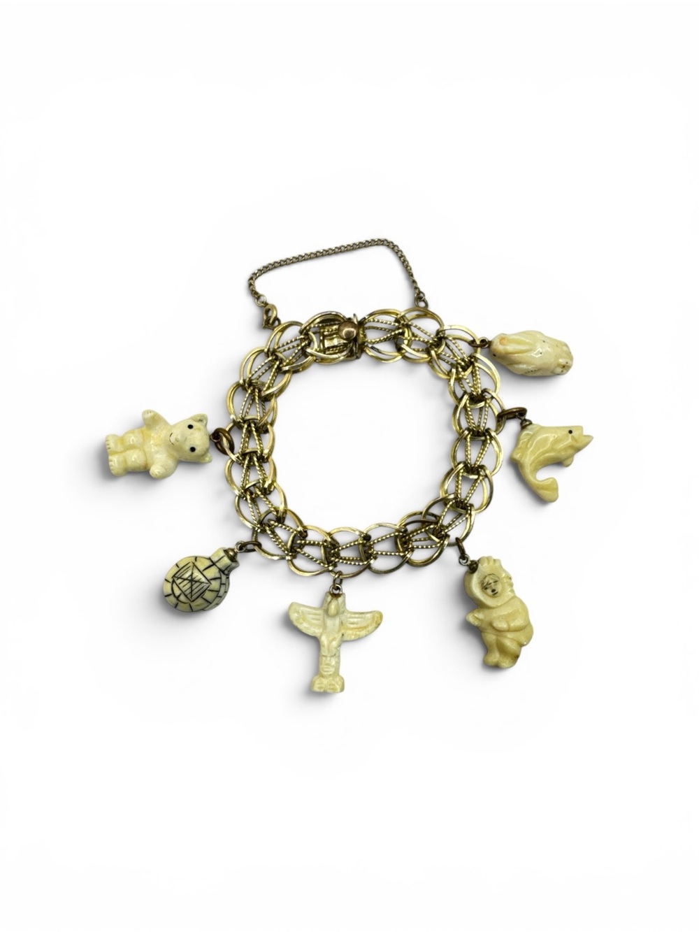 Vintage Alaskan Ivory Bone 12K Gold Filled Double Curb Link Charm Bracelet 7.25”